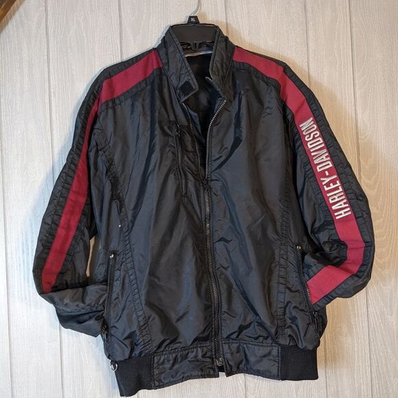 VTG Harley Davidson Black Wind Jacket Zip Up Spell Out Down The Arm SZ XL - Picture 3 of 8